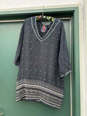 Johnny Was Navy Tunic with Gray Crochet Trim